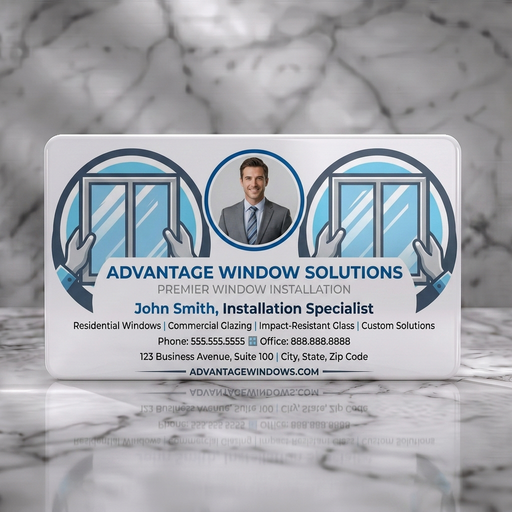 Solid white PVC business card featuring a professional blue and white layout, central photo, illustrative window icons, and clear sans-serif typography
