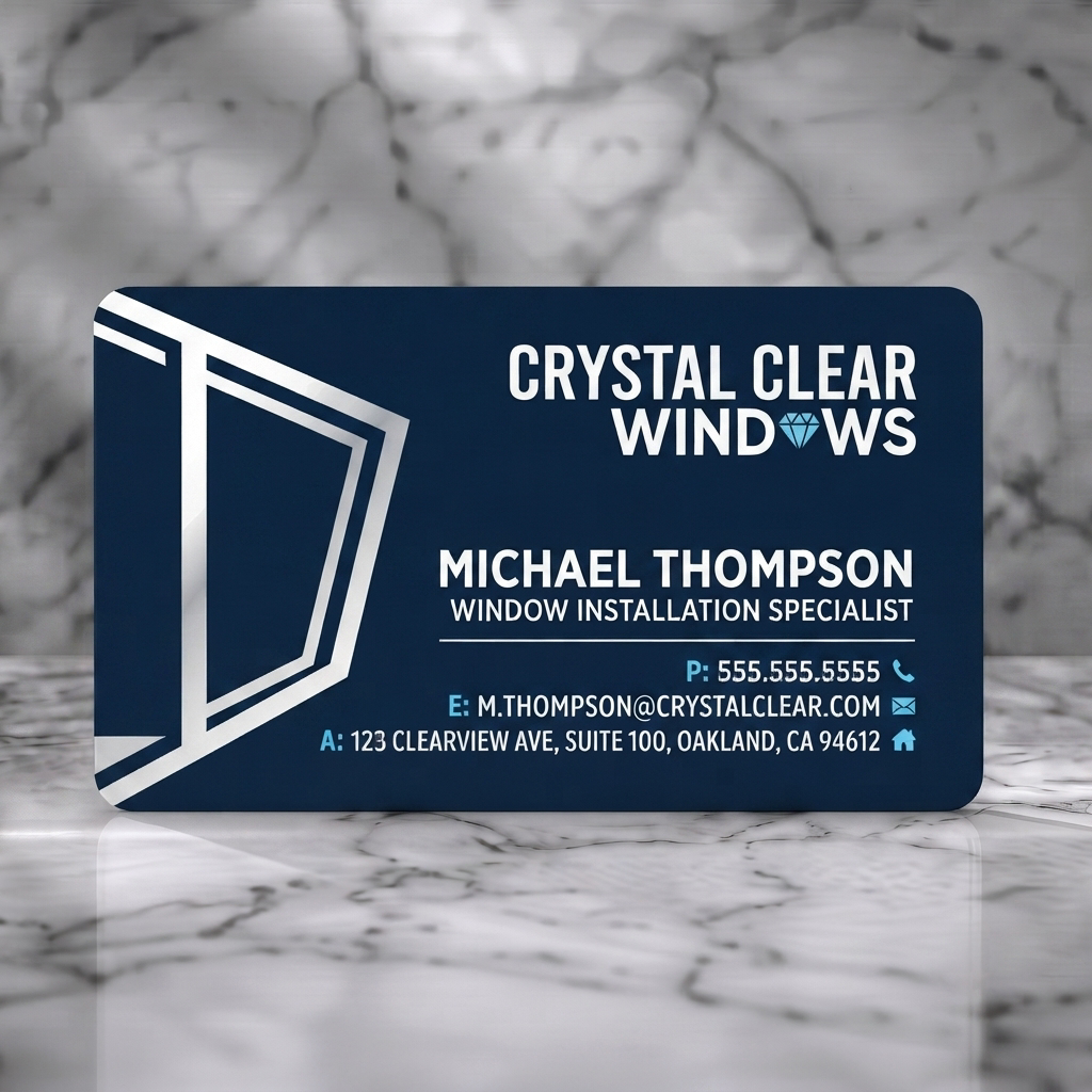 Solid white PVC business card featuring clean navy and white design, sans-serif text, window graphic, diamond, and contact icons