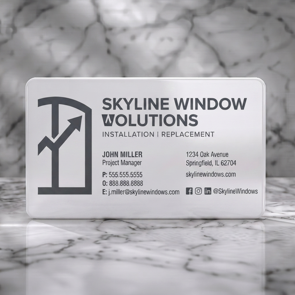 Solid white PVC business card featuring modern design, dark gray branding, bold sans-serif typography, a window-arrow logo, and social icons