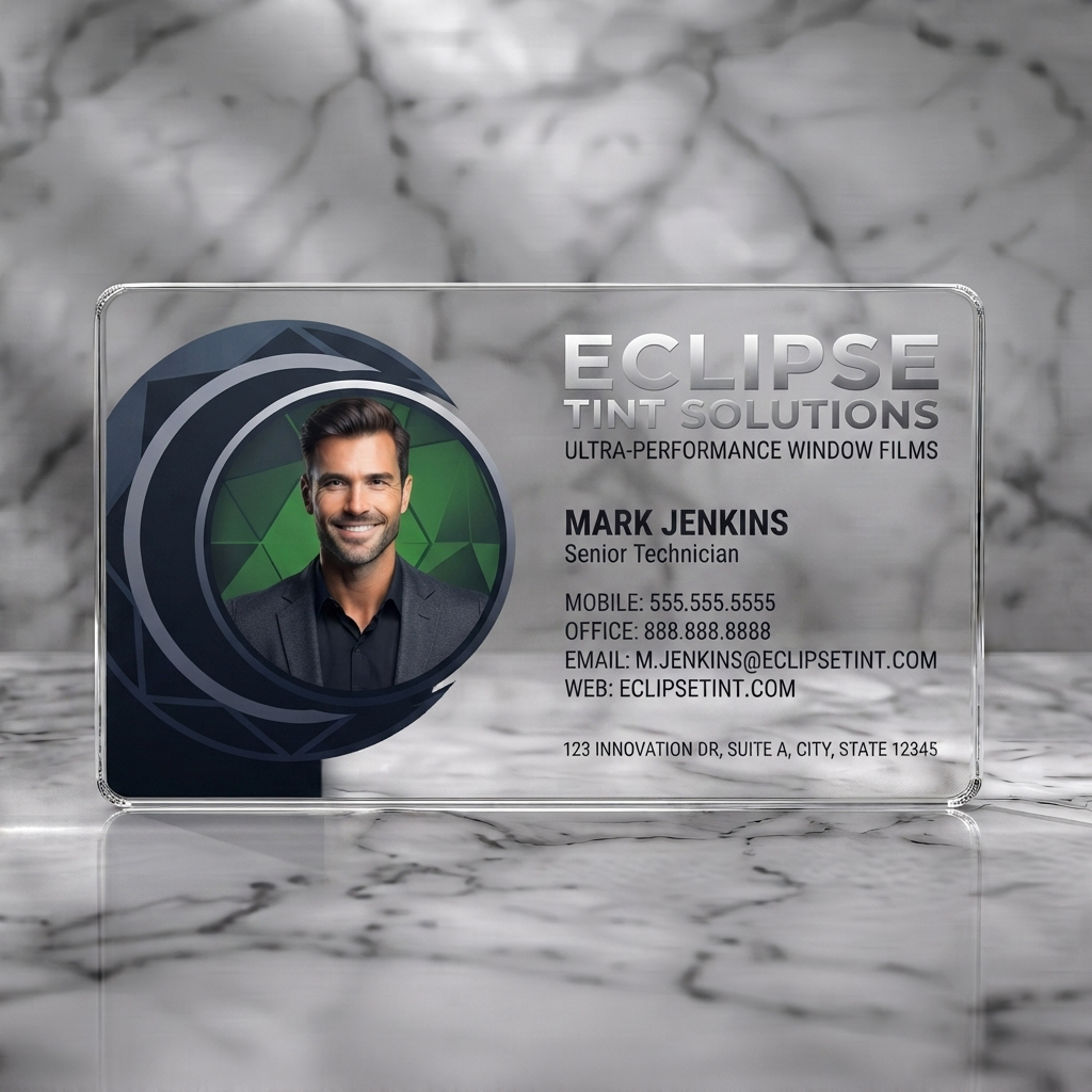 Clear plastic business card featuring dark, modern card with a circular lens graphic, silver typography, and a professional headshot
