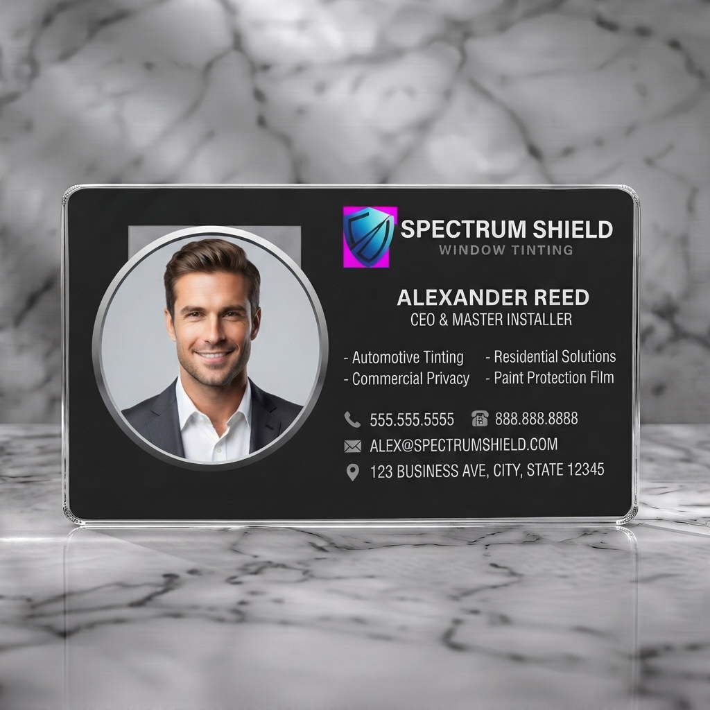 Clear plastic business card featuring a sleek black design, a professional headshot, blue shield logo, and clear sans-serif typography