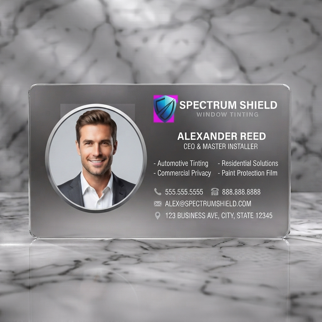 Frosted translucent plastic business card featuring a sleek black design, a professional headshot, blue shield logo, and clear sans-serif typography