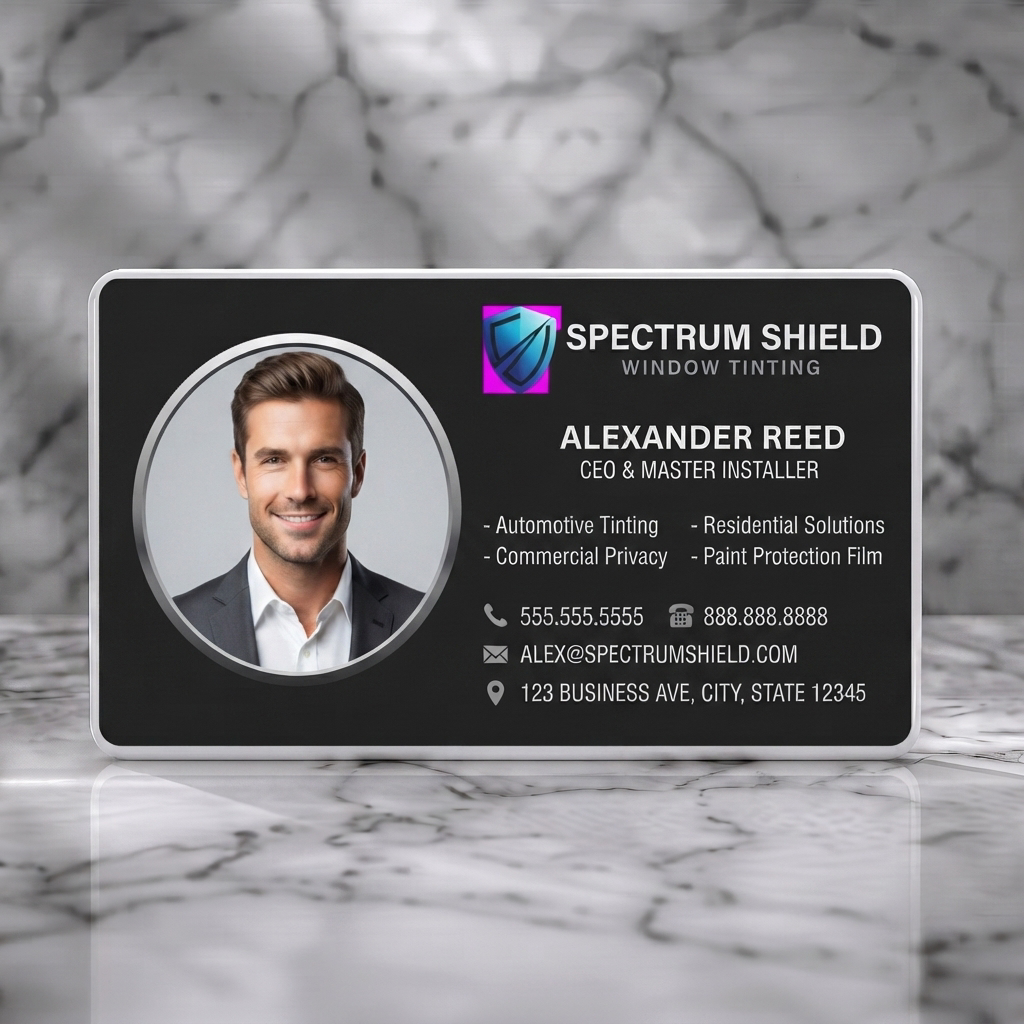 Solid white PVC business card featuring a sleek black design, a professional headshot, blue shield logo, and clear sans-serif typography