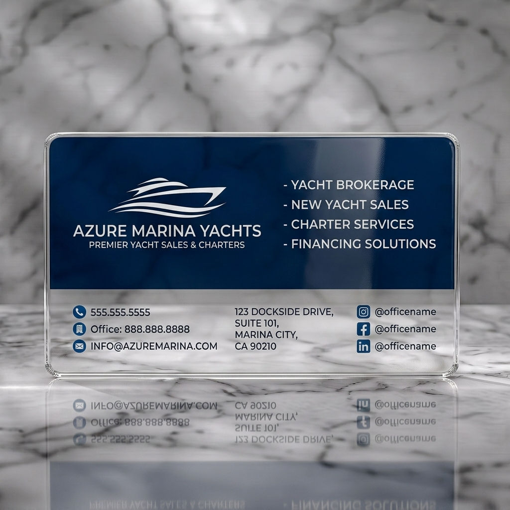 Clear plastic business card featuring a sleek yacht logo, dark blue and white palette, sans-serif typography, and clear contact icons
