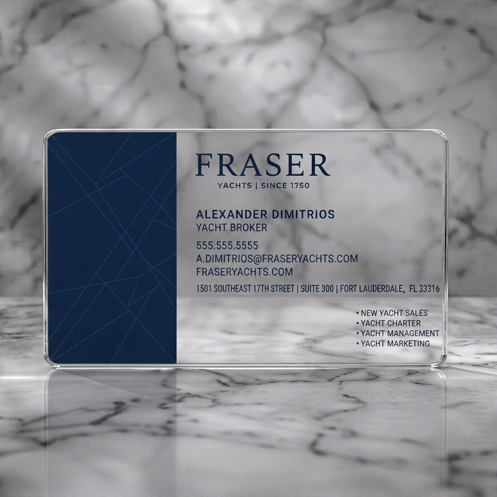 Clear plastic business card featuring elegant navy and white design, subtle nautical geometric pattern, serif and sans-serif typography