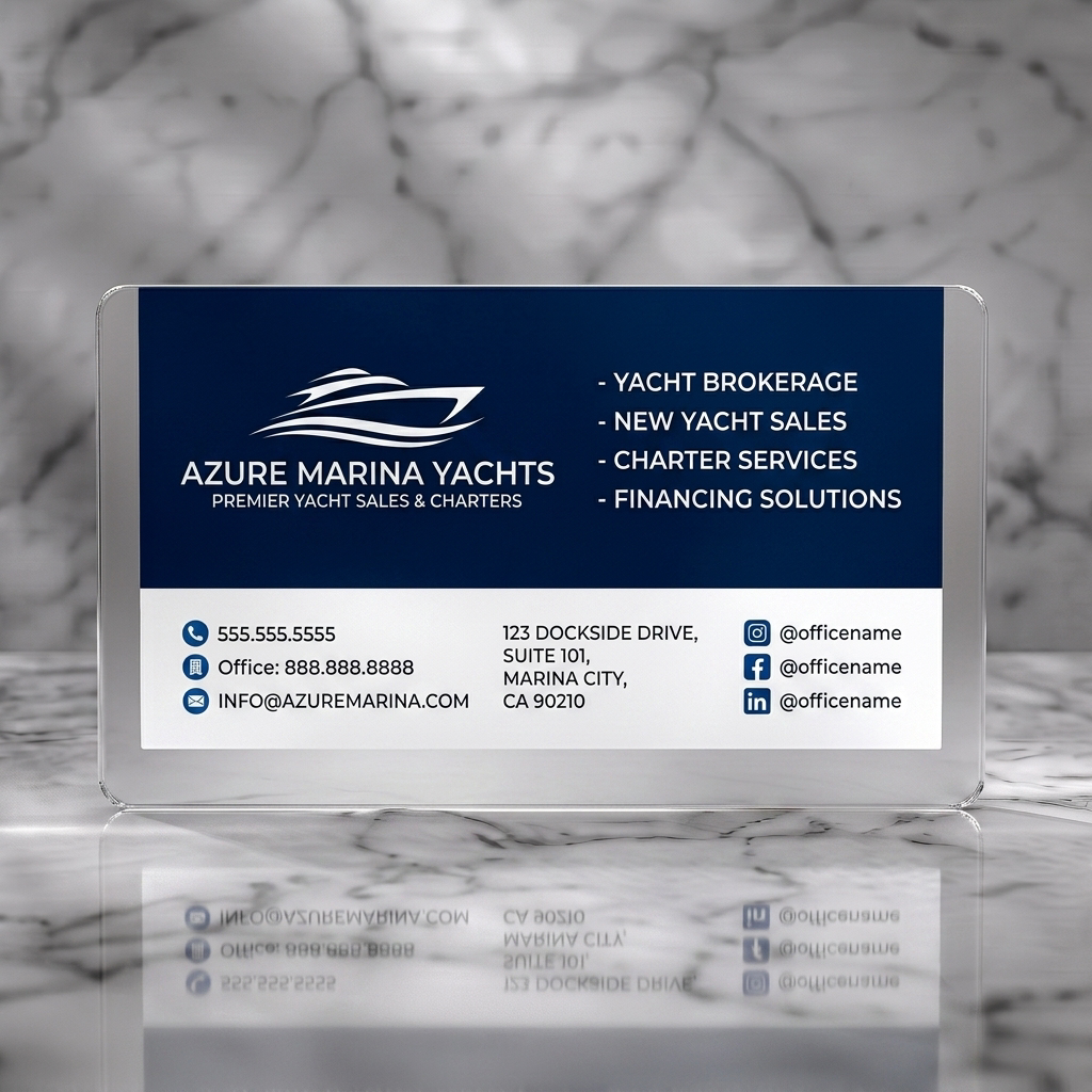 Frosted translucent plastic business card featuring a sleek yacht logo, dark blue and white palette, sans-serif typography, and clear contact icons