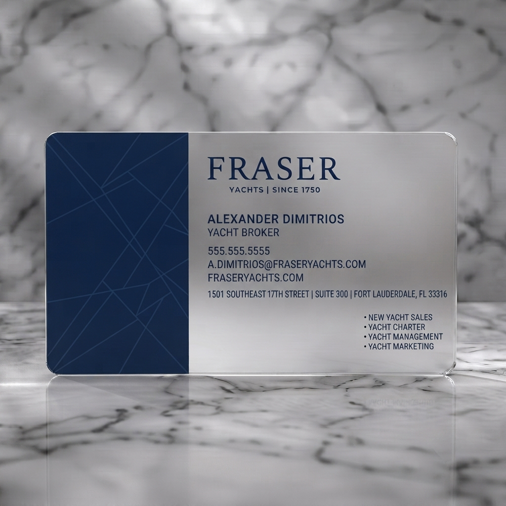 Frosted translucent plastic business card featuring elegant navy and white design, subtle nautical geometric pattern, serif and sans-serif typography