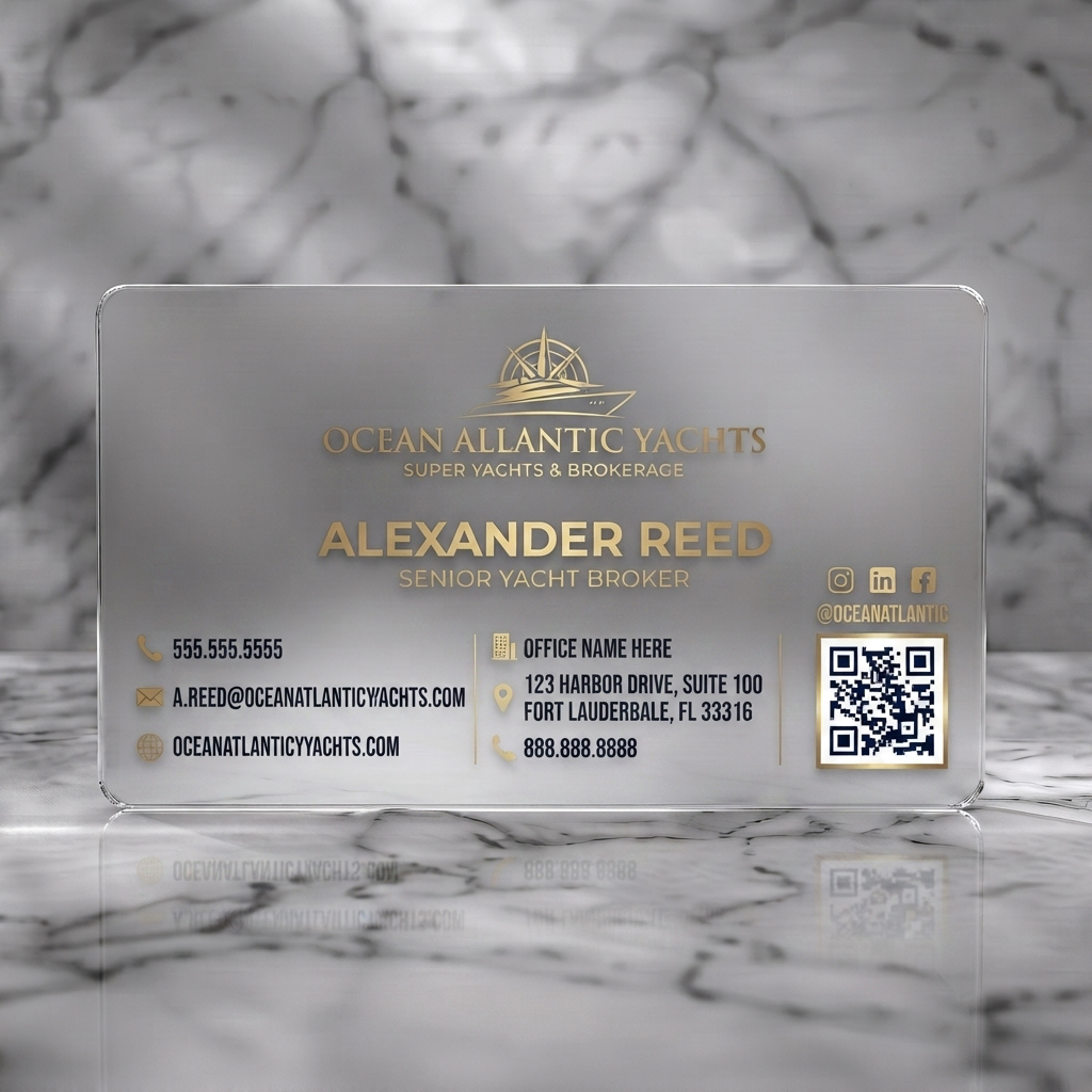 Frosted translucent plastic business card featuring elegant navy and gold design, yacht logo, professional typography, and essential contact icons