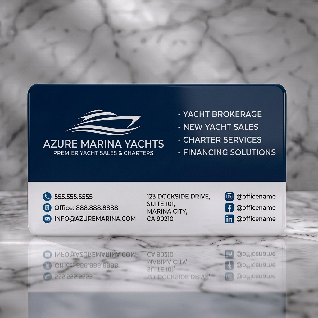 Solid white PVC business card featuring a sleek yacht logo, dark blue and white palette, sans-serif typography, and clear contact icons
