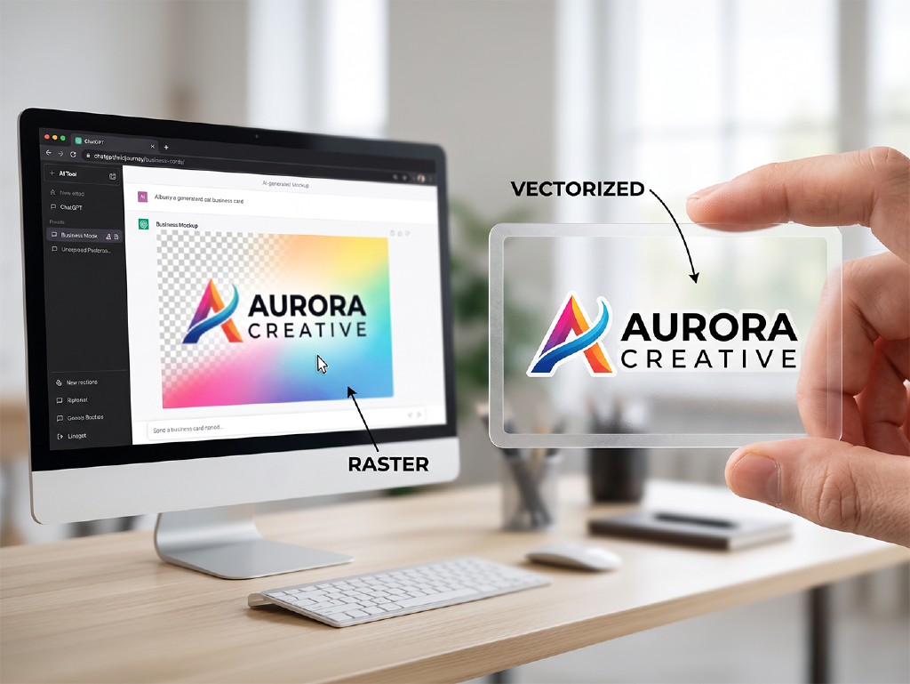 A side-by-side comparison of a pixelated AI generated business card and a perfectly vectorized 30mil clear plastic business card