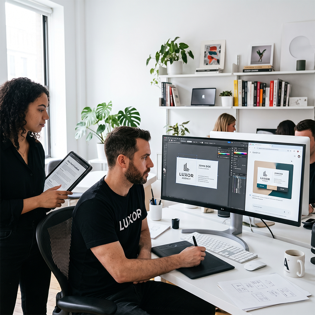 Two professional graphic designers working on a dual-monitor setup, translating an AI-generated geometric logo into a vector-ready business card design using a stylus and keyboard